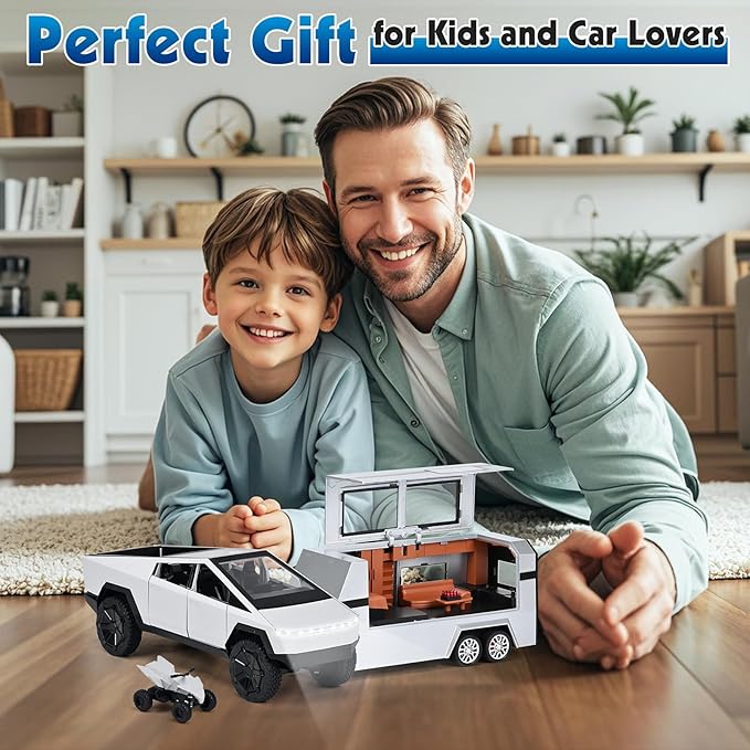 INGQU® Toy Car Alloy Diecast Pick-up Truck Model with RV & Motorcycle with Sound and Light Race Car Display Model Metal Pull-Back Vehicle 3-in-1 Camping Car Set Ideal Gift for Boys Kids Age for 3+
