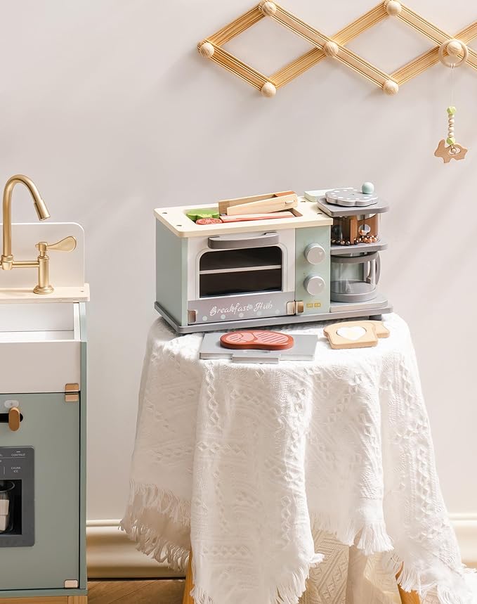 ROBOTIME Play Kitchen Toys Accessories - Wooden Breakfast Machine Kitchen Toy for Kids with Coffee Maker and Pretend Play Food Sets - Kitchen Playset Appliances Toy for Toddlers (Mint Green)