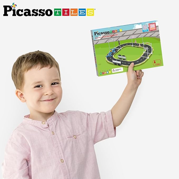 PicassoTiles Magnet Tile Building Block Construction Toy Set Street Sign Traffic Kit Highway Road Race Track with Bumper Barricade Accessory Sticker Education Magnetic Tiles Kids Age 3+ PTR03