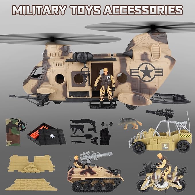 deAO Military Helicopter Toys Set Army Men Playset, Army Toys with Soldier Action Figures, Combat Truck, Motorcycle, Army Tank, Aircraft with Lights&Sound, Christmas Birthday Gifts for Kids Boys