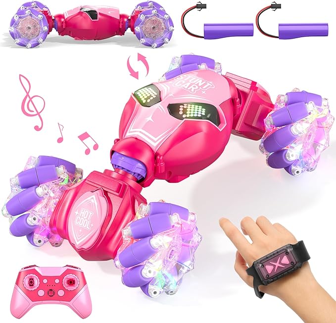 Axirata Gesture Sensing RC Stunt Car with Lights & Music for Girls Kids 6-12 Year Old 4WD 2.4GHz Hand Controlled Remote Control Car 360° Rotation Off-Road Toy Car Gift for Girls Kids(Pink)