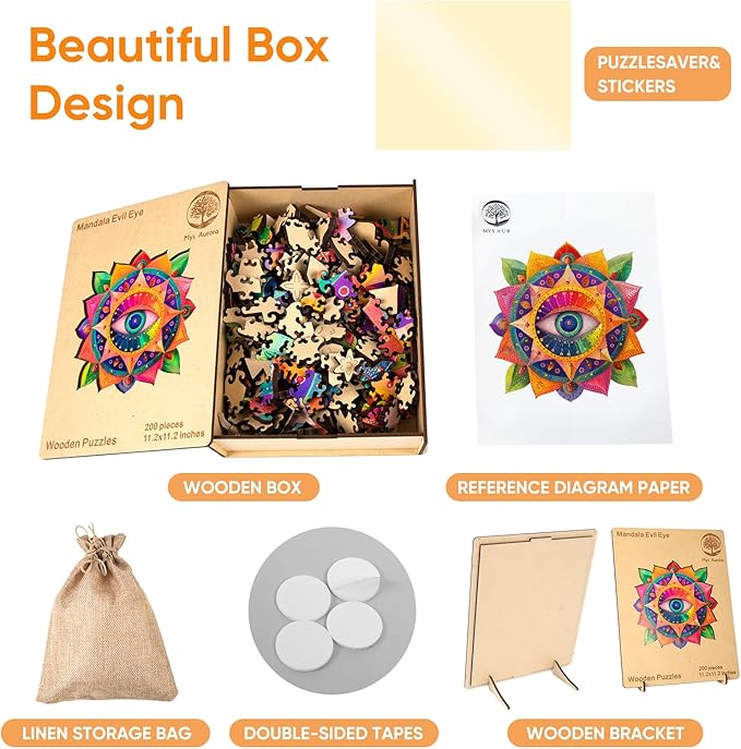 Mandala Wooden Puzzles for Adults, 500 Piece Unique Shaped Wood Evil Eye Jigsaw Puzzles for Adults and Kids, Fun Challenging Puzzles Family Game Gift, 16.5'' x 16.4''