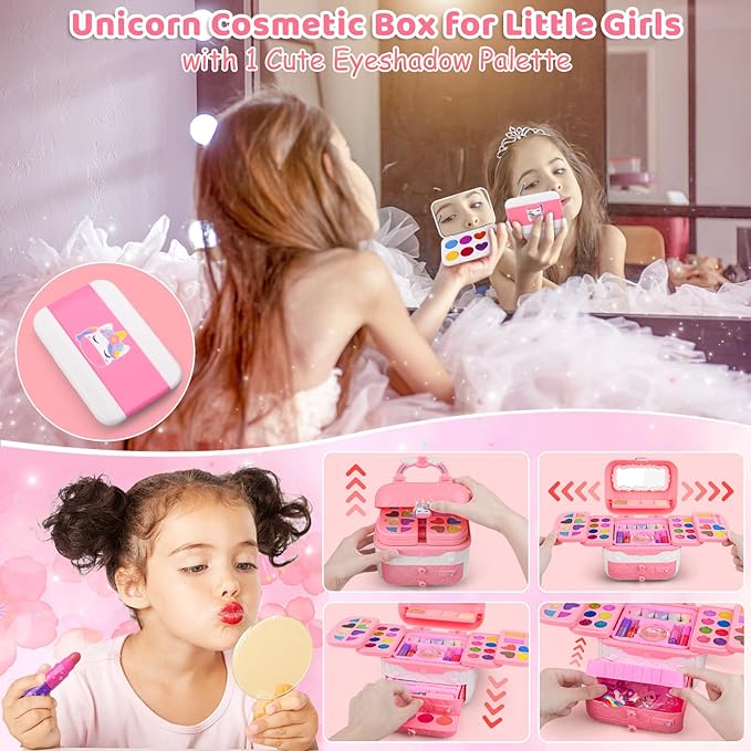 Auney 80 PCS Kids Makeup Kit for 5 6 7 8 Years Old, Unicorn Girls Toy for Little Girls Birthday, Princess Dolls Dress Up Toy for Performance Dance Show Role Play Party
