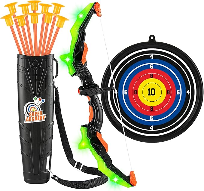 ASMAD Kids Bow and Arrow Set, LED Light Up Archery Toy Set, 10 Suction Cup Arrows, Target & Quiver, Indoor and Outdoor Kids Toys for Children Boys Girls, Christmas Birthday Gifts for Kids