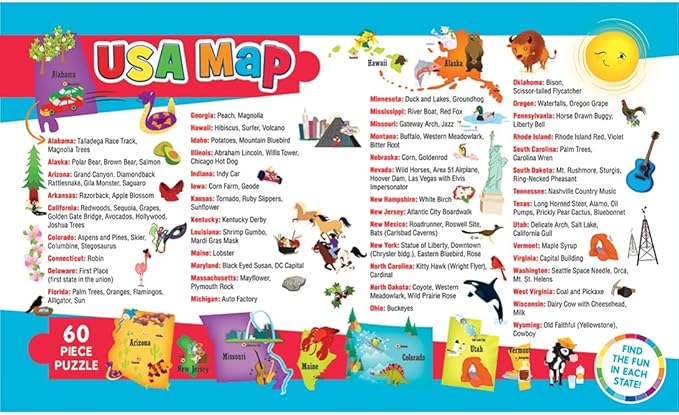 MasterPieces 60 Piece Educational Jigsaw Puzzle for Kids - USA Map State Shaped - 16.5"x12.75"