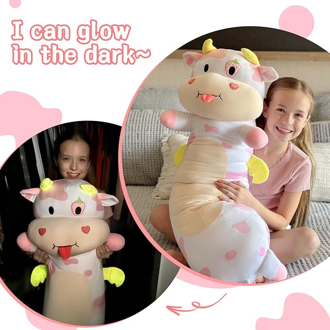 Long Cow Body Pillow 43.3Inch Cow Body Pillow, Pink Cow Stuffed Animal Glow in The Dark, Strawberry Cow Pillow with Heart for Kids Girlfriend,Birthday, Thanksgiving, Christmas Pillow Gift