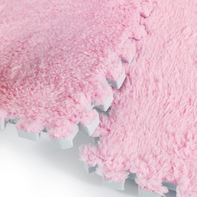 Interlocking Carpet Shaggy Soft EVA Foam Mats Fluffy Area Rugs Protective Floor Tiles Exercise Play Mat for Children Kids Room Home Parlor Bedroom (12 pcs, Light Pink)