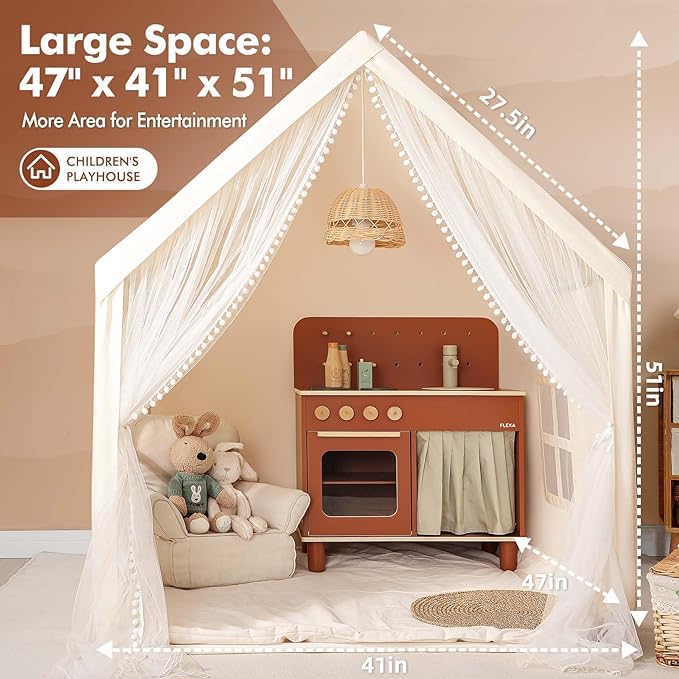 Monobeach Kids Tent Beige Play Tent with Long Mesh Curtain Large Playhouse for Indoor Outdoor Play Cottage Castle Toy for Girls Boys House Gift (Beige Kids Play Tent)