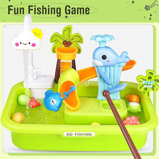 Play Sink with Running Water, Kitchen Sink Toys with Upgraded Electric Faucet, Play Dishwasher & Pool Floating & Fishing Toys for Kids, Play House Pretend Role Play Toys for Boys Girls