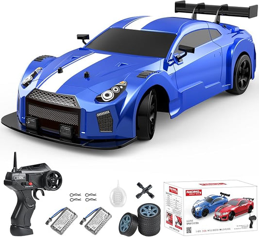 Dollox RC Drift Car 1/16 Scale Remote Control Car 2.4GHz 4WD High Speed 18+KM/H Vehicle with LED Lights and Spray, Extra Drifting Tires Racing Vehicle Toys Birthday Gifts for Adults Boys, 2 Batteries
