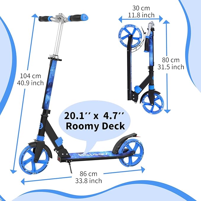 BELEEV V8 Scooters for Kids Ages 6+ with Light-Up Deck, 2 Wheel Folding Scooter for Adults Teens, 4 Adjustable Height, Lightweight Sport Commuter Scooter, Sturdy Frame, Max Load 220 lbs