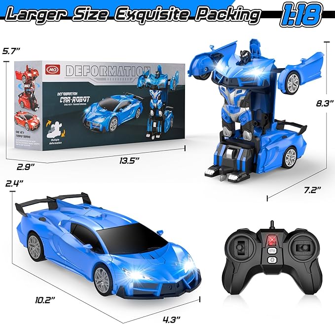 Remote Control Car，Transform Robot RC Cars with Cool LED Headlights, 2.4Ghz Toys Car with 360 Degree Rotation and One-Button Deformation, Christmas Birthday Gifts for Boys Girls(Blue)