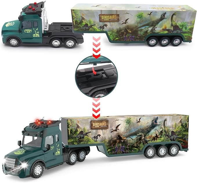 RC Semi Truck with Trailer, 2.4Ghz RC Semi-Trailer Engineering Tractor w/Sound and Colorful Lights, Remote Control Flatbed Truck Toys, RC Construction Vehicles Toy for Boys