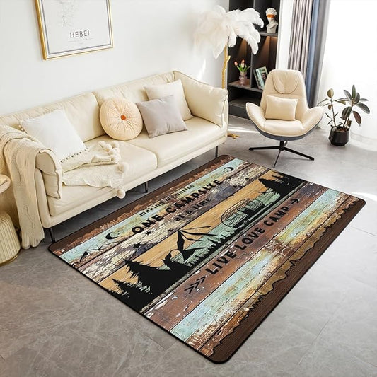 Erosebridal Happy Camping Area Rug 5x7 RV Campsite Rug for Camper Retro Wooden Board Farmhouse Mountain Carpet Brown Blue Old Barn Adventure Room Non Slip Indoor Floor Mat