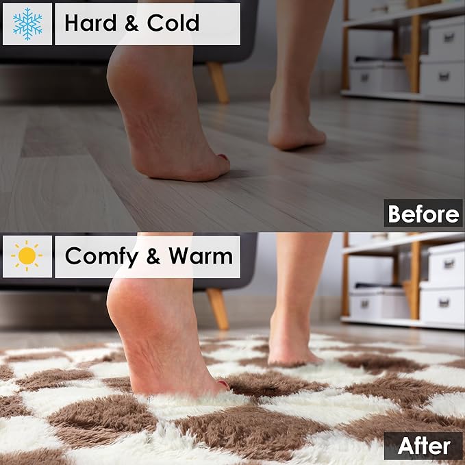 KICMOR Rugs for Living Room 8x10, Large Fluffy Fuzzy Brown and Cream White Checkered Shag Area Rug Shaggy Big Carpets for Bedroom, Soft Plush Floor Rugs for Kids Boys Girls Room Nursery Home Decor