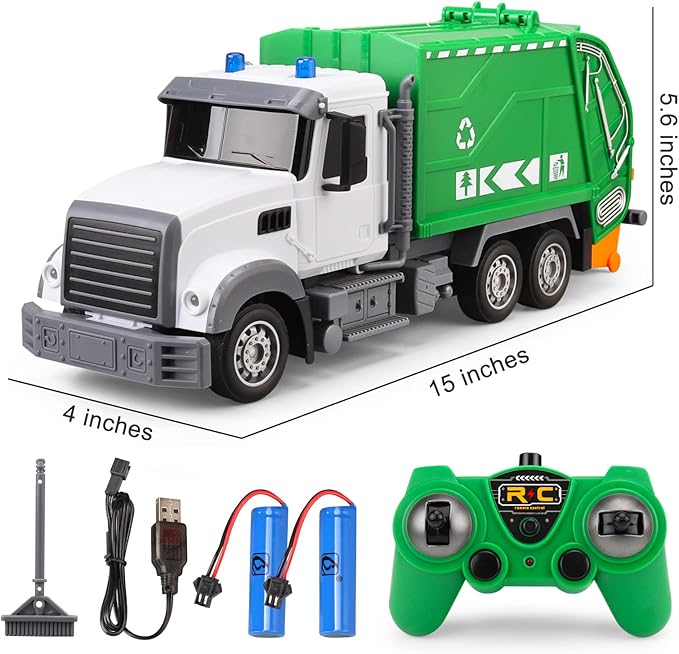 1:24 Scale Remote Control Garbage Truck Toys, 6 Channel RC Waste Management Garbage Truck, 2.4Ghz Recycling Trash Truck Toys with Two Rechargeable Batteries for Boys Kids, 15"