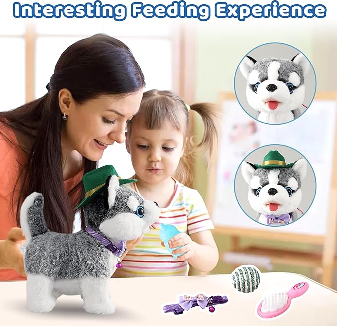 Walking Husky Barking Dog Toy for Child Kid Licking Talking Dog with Leash, Interactive Puppy that Barks Tail Wagging Plush Robot Dog Singing Electric Pet Pretend Dog Dress Up Christmas Boy Girl Gift