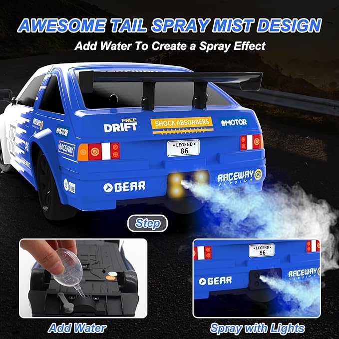 RC Drift Car Remote Control Toy Rally Sport Car 1:16 4WD 18KM/H High Speed Model Vehicle 2.4GHz 2 * 7.4V 500mAh with LED Lights Spray Rubber Tire Off-Road Vehicle Truck Hobby Toys Adults & Kids