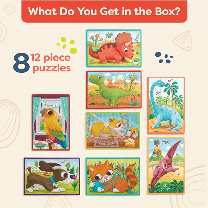 B. toys- Pack o' Puzzles 2-Pack - Pets & Dinos- Wooden Puzzle Box Set – 2 Puzzle Boxes, 8 Puzzles- 12-Piece Jigsaw Puzzles for Kids – 3 Years +