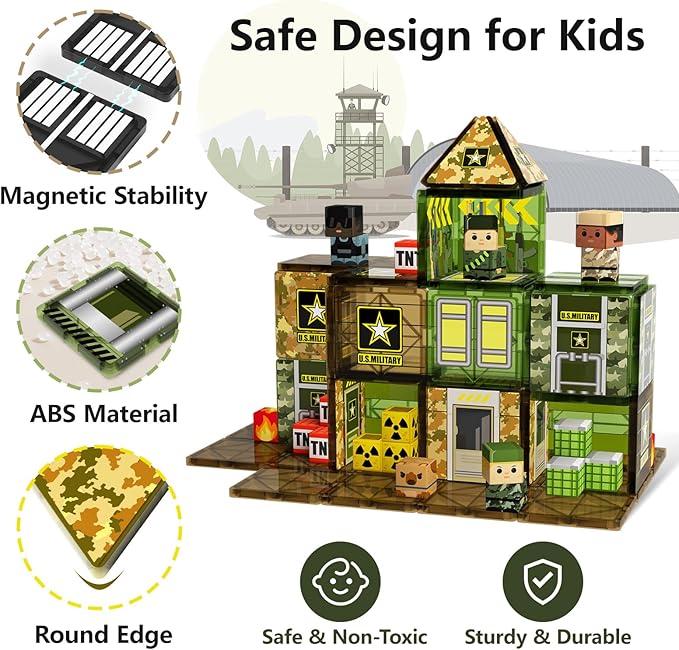 GobiDex 100PCS Magnetic Tiles Building Blocks for Kids, STEM Magnetic Blocks Building Toys with Army Men, Upgraded Magnets Birthday Gift Toys for 3 4 5 6 7 8+ Year Old Boys