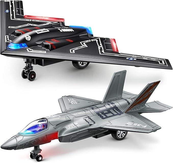 Geyiie Plane Toys for Kids, Diecast Airplane Toys Military Fighter Jet Toys with Led Light, Stealth Bomber Toy Aircraft Flying Toys for Boys Girls Party Favor Gifts, Outdoor Indoor, 2 Pack