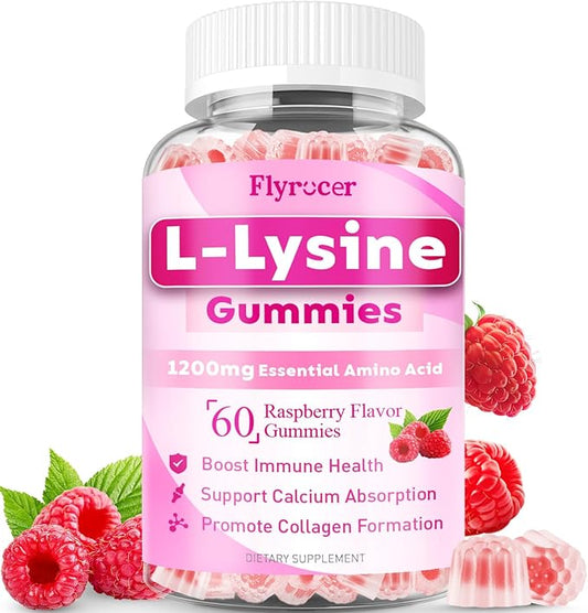 1000mg Lysine Gummies, Essential Amino Acid Supplement for Lips & Oral Health, Immune, Collagen & Calcium Support, L Lysine Gummies for Adults & Kids, Vegan, Raspberry Flavor, 60 Count