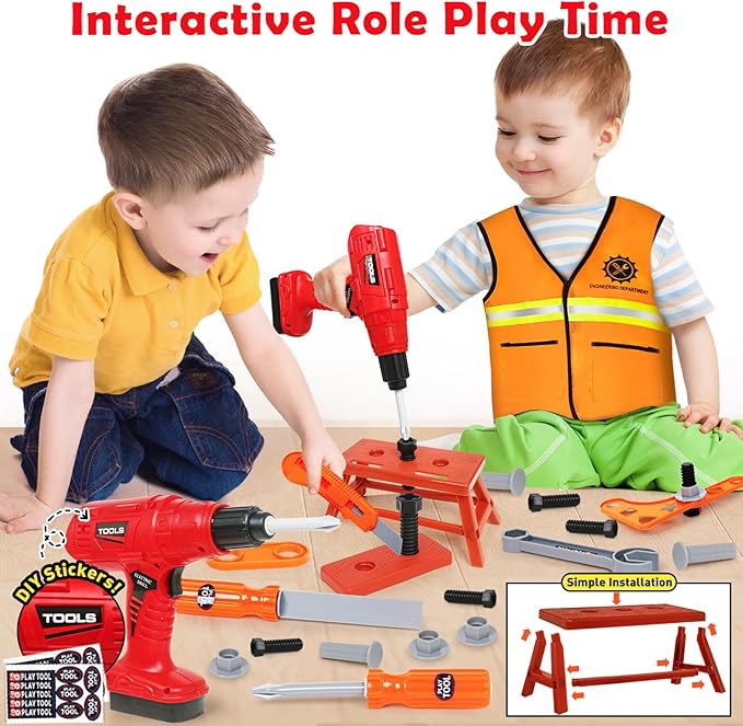 Kids Tool Set - 50Pcs Toddler Tool Set Age 3-5 Construction Toys with Tool Box & Electronic Toy Drill Pretend Play Dress Up Toddler Boys Toys 4-6 Birthday Gifts for 3 4 5 6 7 Year Old Boy Girl