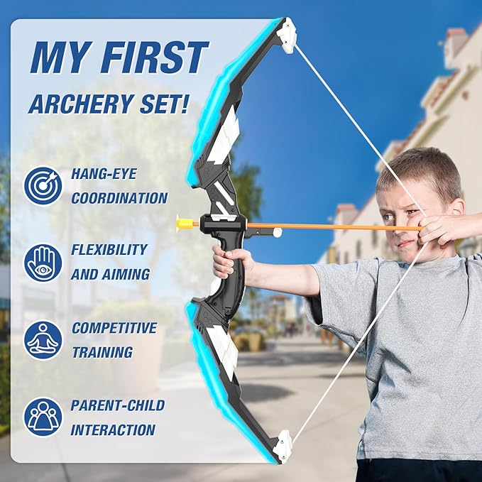 Bow and Arrow for Kids, LED Light Up Archery Set with 12 Suction Cup Arrows, 1 Standing Target, 3 Score Targets & 1 Quiver, Indoor Outdoor Sport Gifts for Boys Girls Ages 4-12, Blue