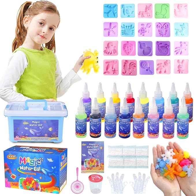 MOMJOY Magic Water Elf Toy Kit - Aqua Fairy Water Gel Kit for Kids with 16 Magic Gel Colors and 20 Shape Molds for Water Pets - DIY Squishy Toys - Perfect Birthday Gifts for Girls and Boys Ages 3+