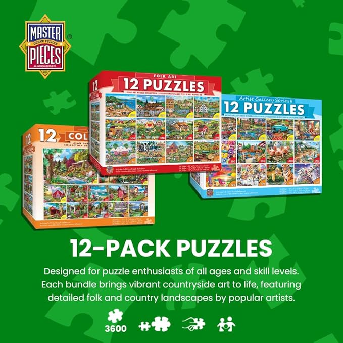 MasterPieces 12 Pack Jigsaw Puzzles for Adults, Family, Or Kids - Artist Gallery 12-Pack Bundle - 500, 300, and 100 Piece Puzzles