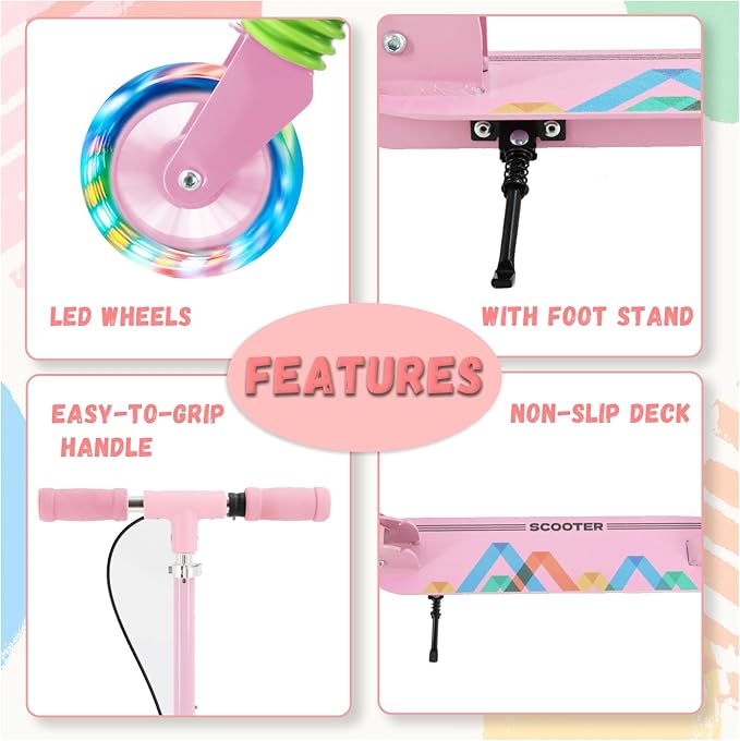 TENBOOM Scooter Kids Scooter with Handbrake, Toddler Scooter Scooters for Kids 3+, Light up LED Wheels Toys for Kids, Adjustable Handlebar, Foldable Scooter for Kids