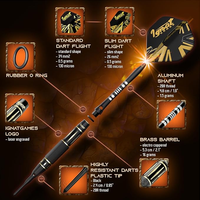 IgnatGames Darts Plastic Tip Sets - 6/12 Pack Soft Tip Darts for Electronic Dartboard with Brass Barels and Aluminum Shafts - 100 Extra Tips and 16 Flights, Wrench & Innovative Case