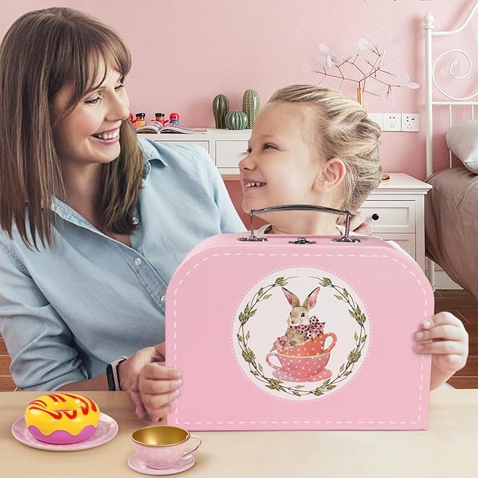 Tea Party Set for Little Girls, Princess Tea Time Toys Including Tin Teapot Set Cups Carrying Case, Toddlers Pretend Role Play Kids Kitchen Toys Birthday Gifts Age 3 4 5 6
