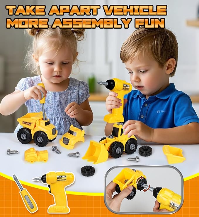 Lehoo Castle Toddler Tool Bench with Electric Drill & Take Apart Construction Vehicles, 2-in-1 Workbench ＆ Toolbox for Kids, Toy Tool Set for Toddlers Age 3, Birthday Festival Gift for Boys & Girls