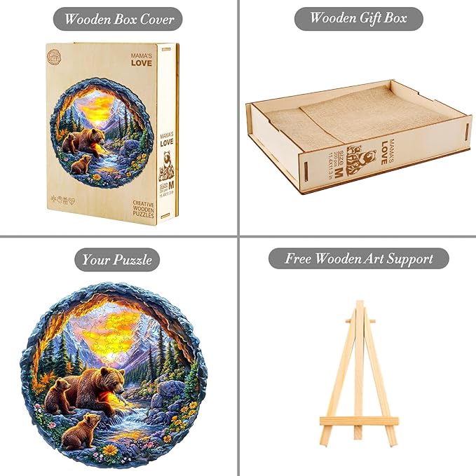 KAAYEE Wooden Puzzles for Adults 200 Pieces Visual 3D Bear Family Wooden Jigsaw Puzzles for Adults Animal Wood Puzzle Gifts for Mom Mother's Day Adult Kids Bear Puzzle(11.4 * 11.4in)