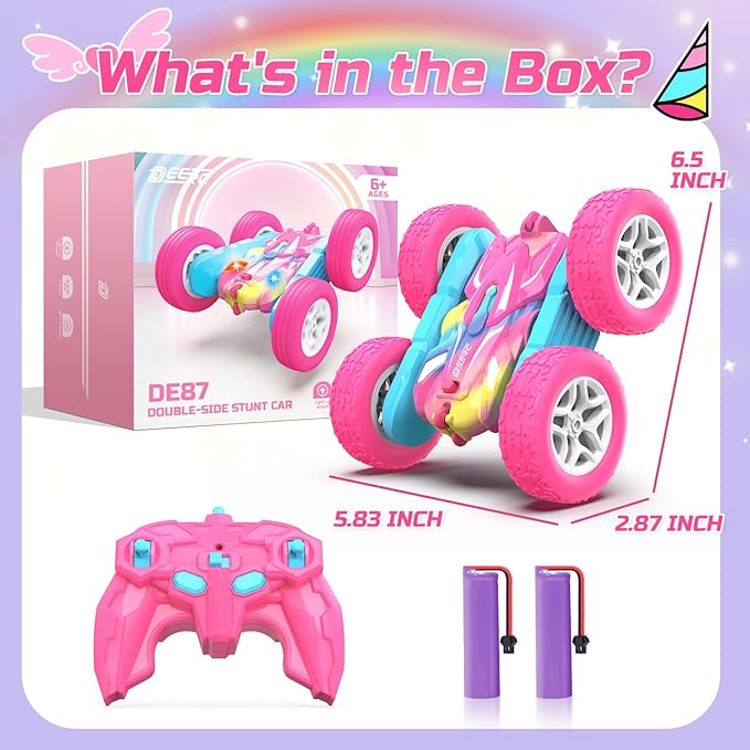 DEERC Rainbow Remote Control Car for Girls, Pink RC Cars Toy with LED Lights, 2.4 GHZ Double Sided RC Stunt Drift Car 360°Rotating, All Terrain RC Crawler Gift for Kids, 40+ Mins Running Time