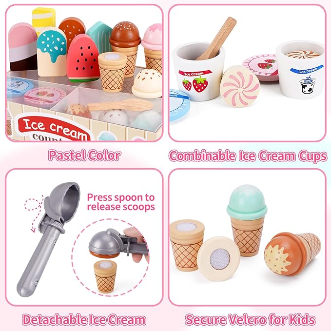 Wooden Ice Cream Toys for Toddlers 3-5, Kids Wooden Toys Play Kitchen Accessories, Play Food Sets for Kids Kitchen, Pretend Play Toys Gifts for 3 4 5 Year Old Girls Boys Birthday Christmas
