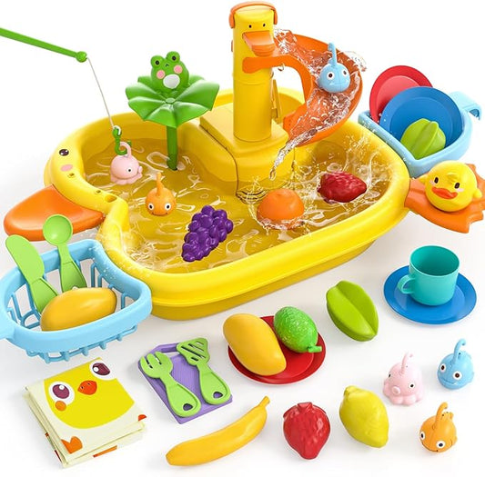 3-IN-1 Play Sink with Running Water, Kids Kitchen Sink Toys with Electric Duck Faucet, Pretend play kitchen accessories, play food, Water Slide Track, Pool Floating Fishing Game Gift Toy for BoysGirls