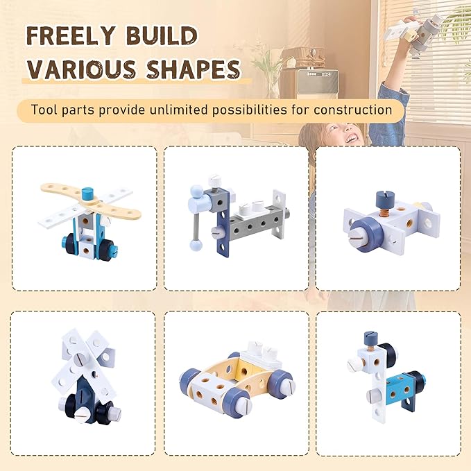 Kids Tool Bench with Sturdy Wood, Toddler Workbench with Realistic Toy Construction Set, Toy Tools Set and Multiple Ceative Pieces for 3-6 Year Old Boys and Girls, Dark Blue