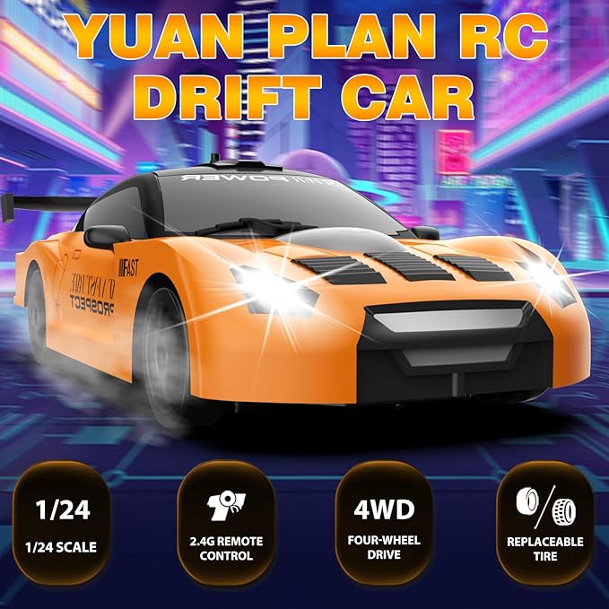 Remote Control Car, Drift RC Car 1/24 2.4GHz 4WD High Speed RC Vehicle Cars Toys with LED Light and Drift Tires USB Charging for Boys and Girls Teens and Adults (Orange)