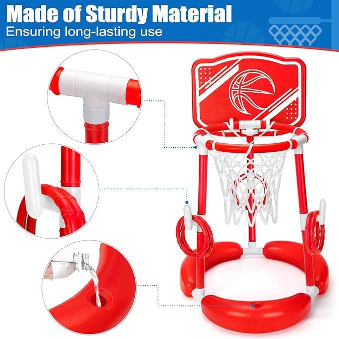 Pool Basketball Hoop, 2-in-1 Poolside Floating Pool Basketball Game, Swimming Pool Games for Kids Adults Indoor Outdoor Play, Water Play Toy Family Party, includes Hoop, Balls, Pump, Backboard, Red