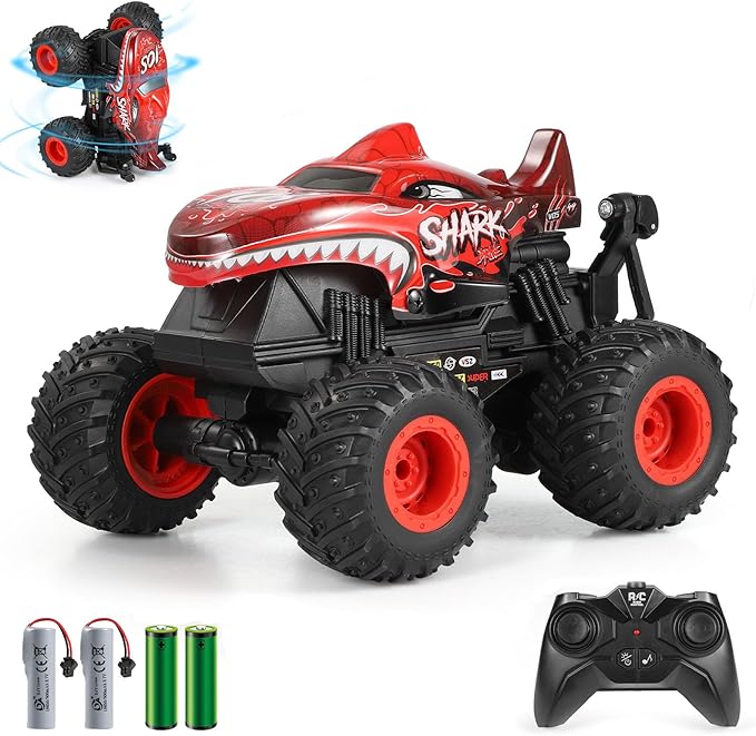 Remote Control Car, 2.4Ghz All Terrain Shark Monster Truck Toys, RC Truck with Music, 3 Lighting Effects, 360 Stunt Capable, All Included Ready to Run, Toy Gifts for Boys and Girls (Red)