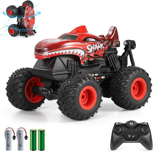 Remote Control Car, 2.4Ghz All Terrain Shark Monster Truck Toys, RC Truck with Music, 3 Lighting Effects, 360 Stunt Capable, All Included Ready to Run, Toy Gifts for Boys and Girls (Red)