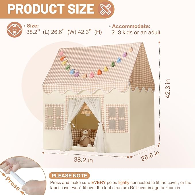 Kids Play Tent Indoor: with Brown Checkered, Mat, Rainbow Tissue Garland, Star Lights - Toddler Girl Tent Indoor Playhouse for Toddlers Kids Toys for Boy Girl Birthday Gift for Kids