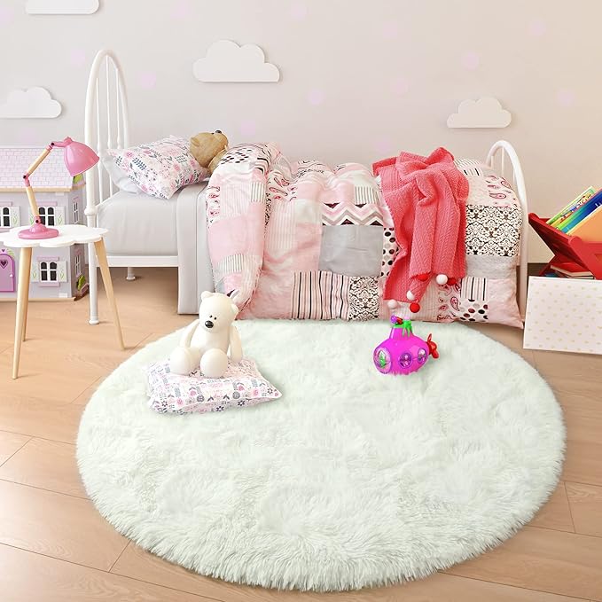 junovo Round Rug 4x4 Feet Fluffy Soft Area Rugs for Kids Girls Room Princess Castle Plush Shaggy Carpet Cute Circle Nursery Rug for Kids Girls Bedroom Baby Room Home Decor Circular Carpet, Creamy