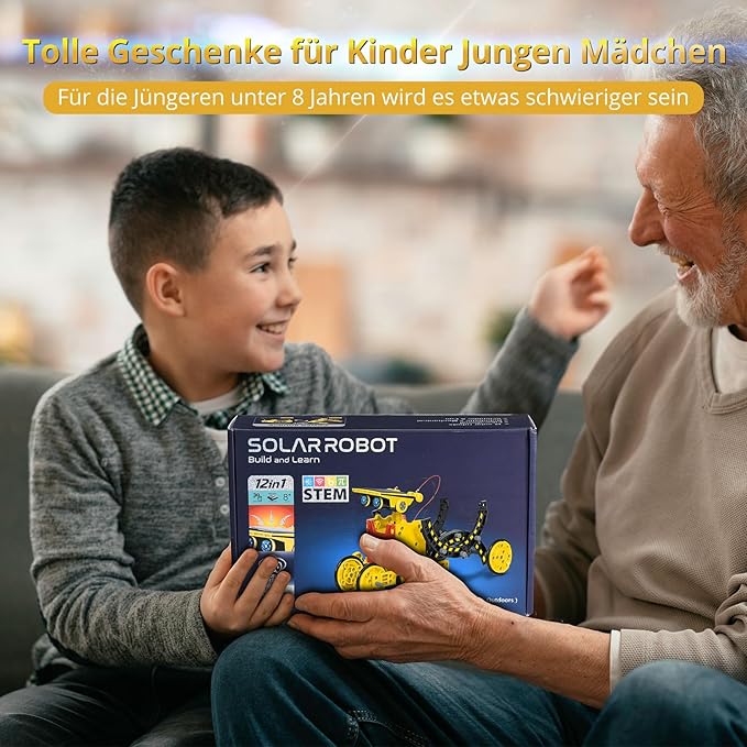 Solar Robot Kit for Kids Age 8-12, STEM Building Toys,12-in-1 Build Your Own Robot with Solar Panel & Battery Power, Science Engineering Christmas Birthday Idea Gifts for Boy Age 8 9 10 11 12