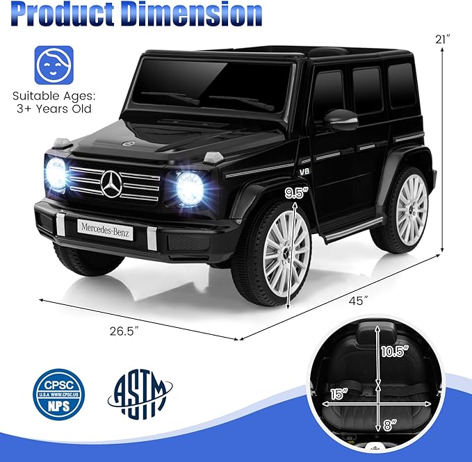 Costzon Ride on Car, Mercedes-Benz G500 Licensed Truck w/Rocking Mode, 3 Speeds, Remote, Horn, Music & LED Lights, Spring Suspension, 12V Battery Powered 4WD G Wagon Electric Vehicle for Kids (Black)