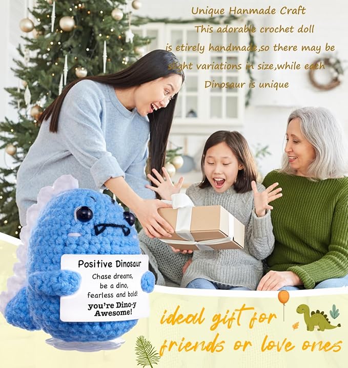 Funny Easter Basket Stuffers Positive Crochet Animals Dinosaur, Stress Relief Gifts for College Student Graduation Boyfriend Husband Women Birthday Desk Decor (Light Blue Dinosaur)