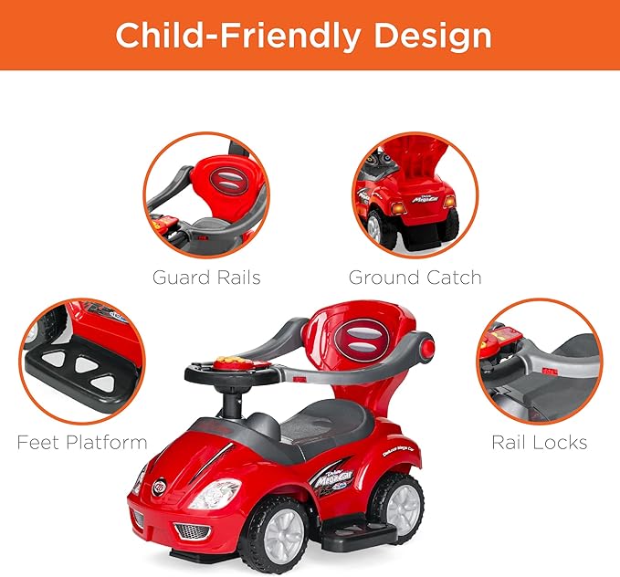 Best Choice Products Kids 3-in-1 Push and Pedal Car Toddler Ride On w/Handle, Horn, Music - Red