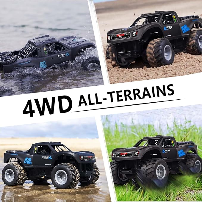 Monster Truck Toys, 2.4G Amphibious Remote Control Car for Boys, 1:16 Scale All-Terrain Rc Car with Double-Sided Driving, 4WD, 2 Rechargeable Batteries, for Boys & Adults-Blue